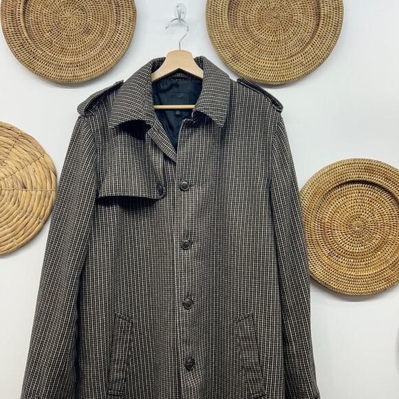 ASOS Brown Gray Black Collared Button Houndstooth Trench Coat Large TALL LONG - Picture 3 of 7